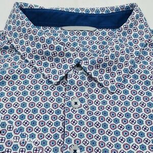 Swannies‎ Golf Shirt Mens Large Short Sleeve Button Down- Print White Blue Pink